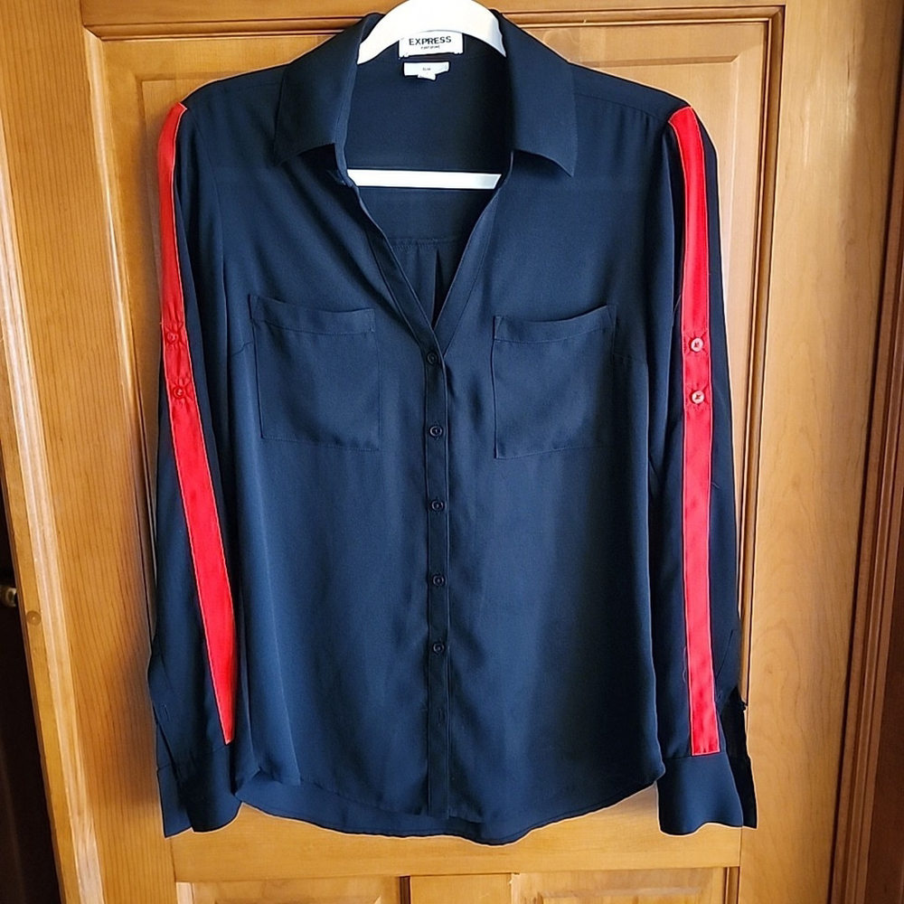 Express Portofino Long Sleeve Shirt Button Down, Slim Fit, S, Black /Red Stripe.